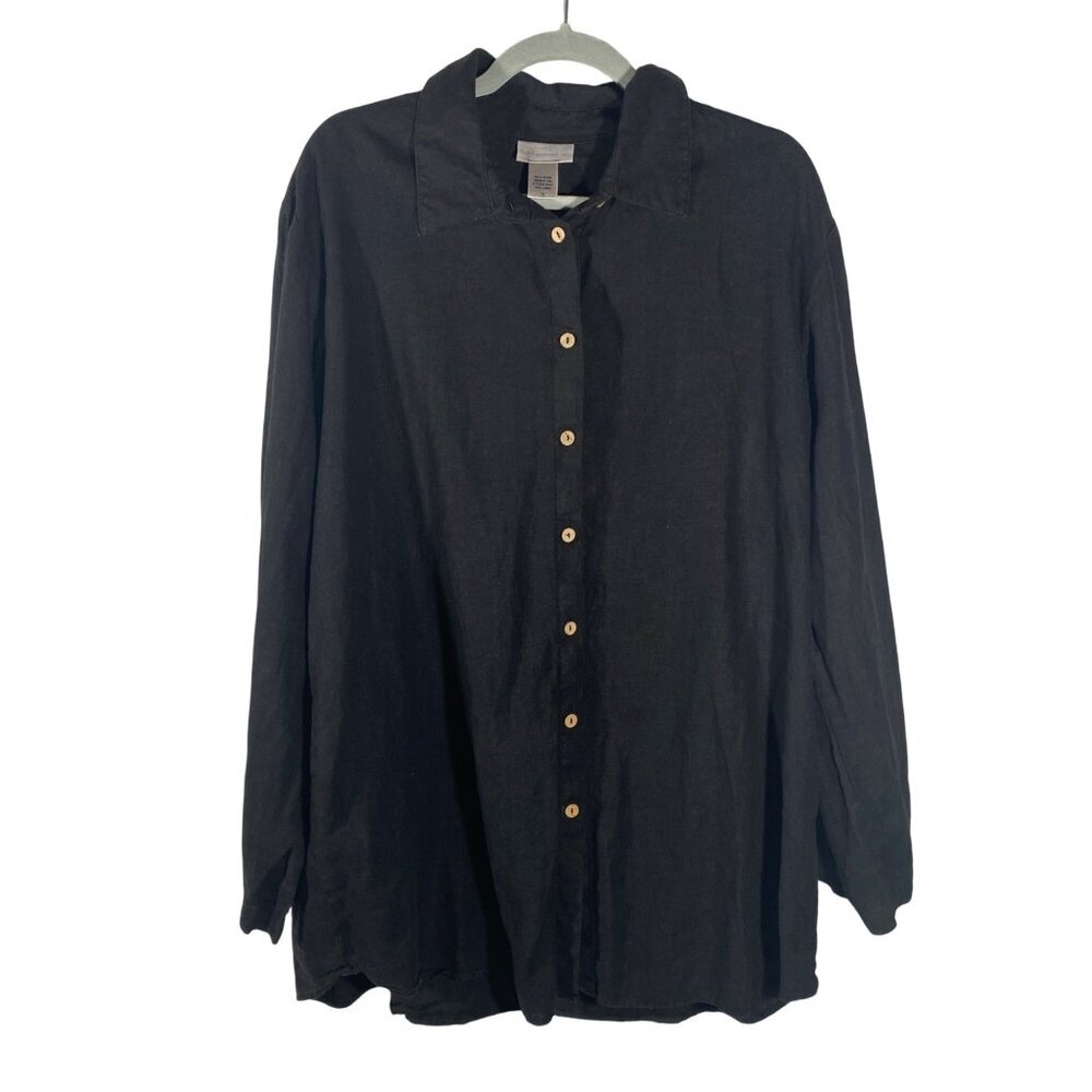 Soft Surroundings linen Black tunic top Button-Up Shirt neutral open cuff 1X